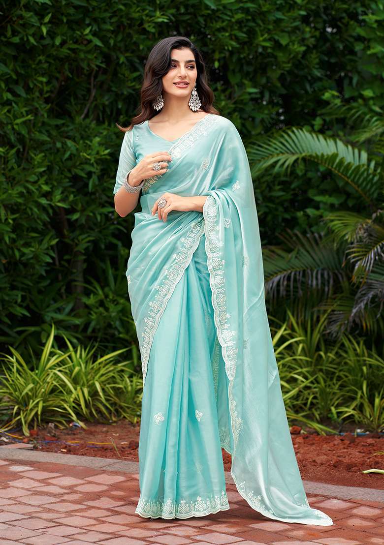 Turquoise Embroidery Shimmer Chiffon Saree Set - Indya