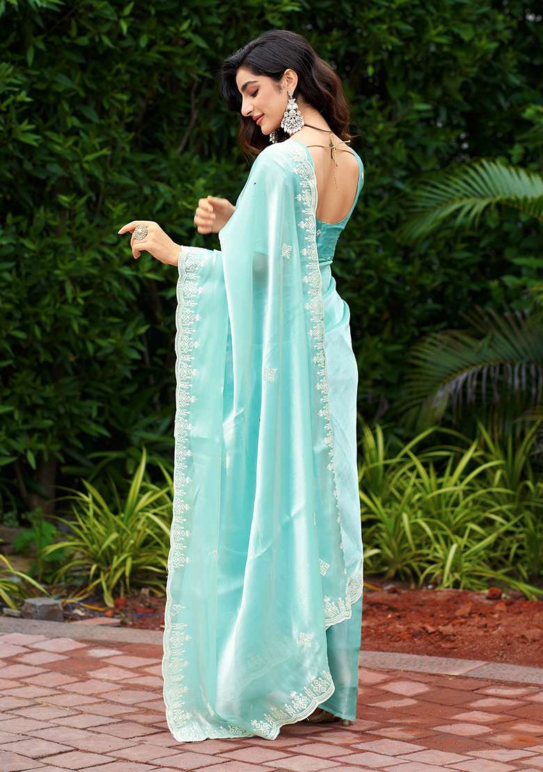 Turquoise Embroidery Shimmer Chiffon Saree Set - Indya