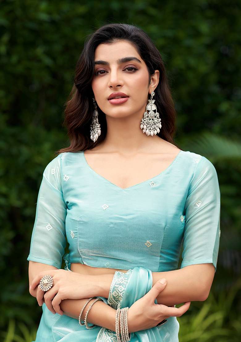 Turquoise Embroidery Shimmer Chiffon Saree Set - Indya