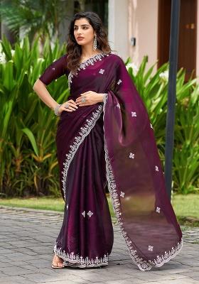 Wine Embroidery Shimmer Chiffon Saree Set