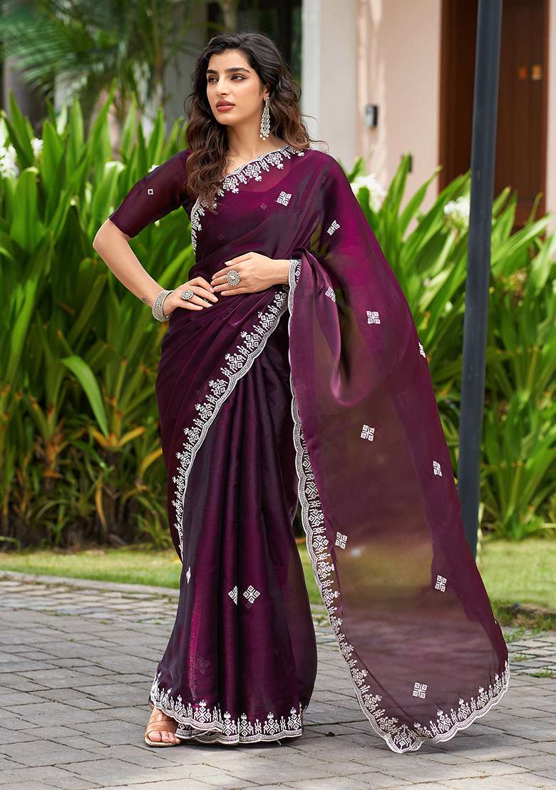 Wine Shimmer Chiffon Saree Set with Embroidery for Diwali | Wedding & Festive Wear - Indya