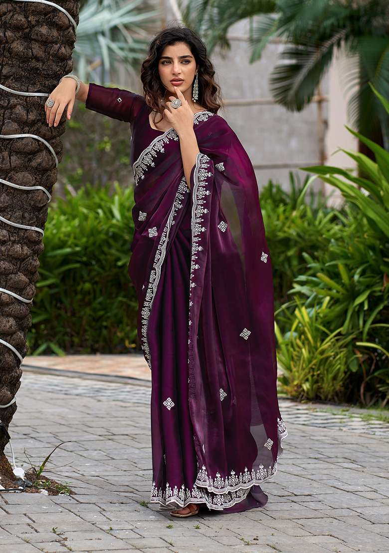 Wine Shimmer Chiffon Saree Set with Embroidery for Diwali | Wedding & Festive Wear - Indya