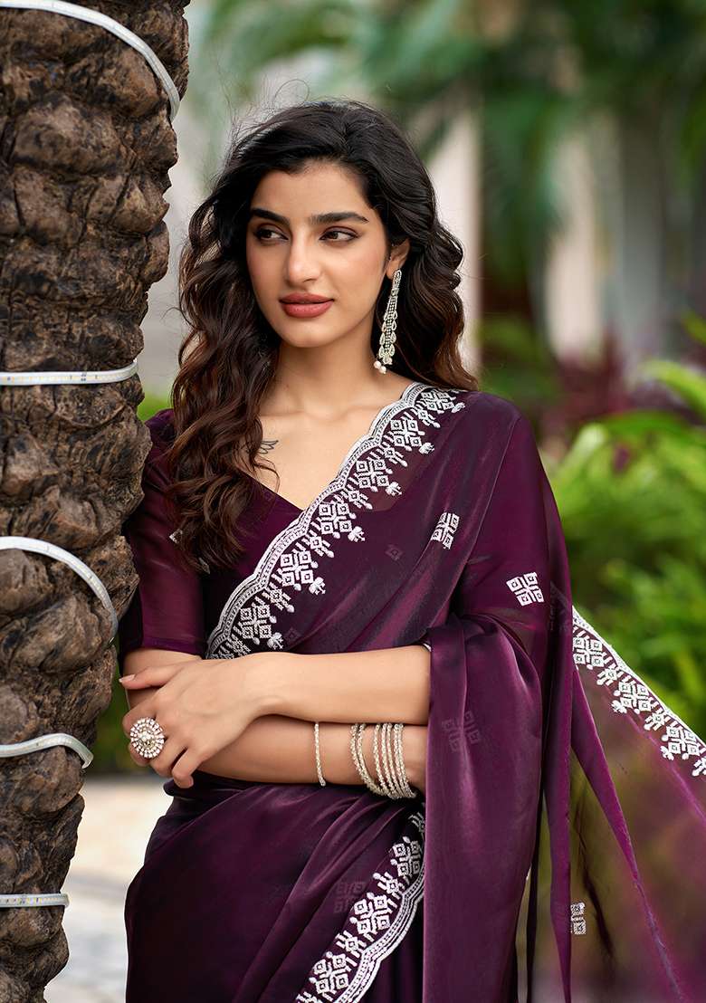 Wine Shimmer Chiffon Saree Set with Embroidery for Diwali | Wedding & Festive Wear - Indya