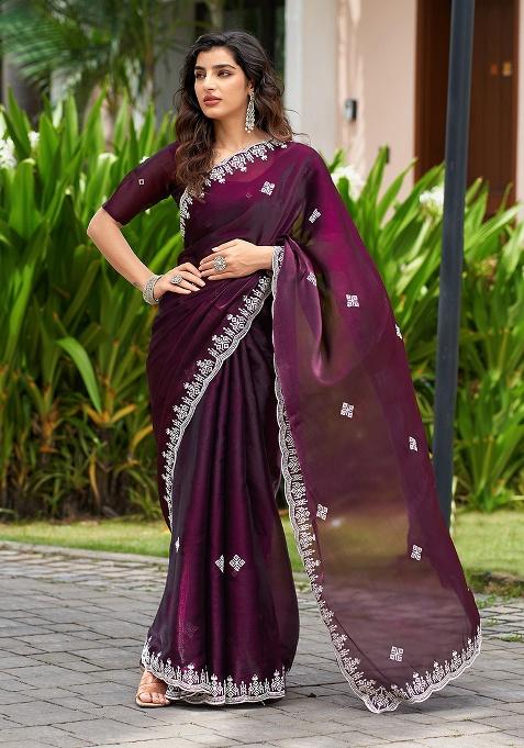 Wine Embroidery Shimmer Chiffon Saree Set