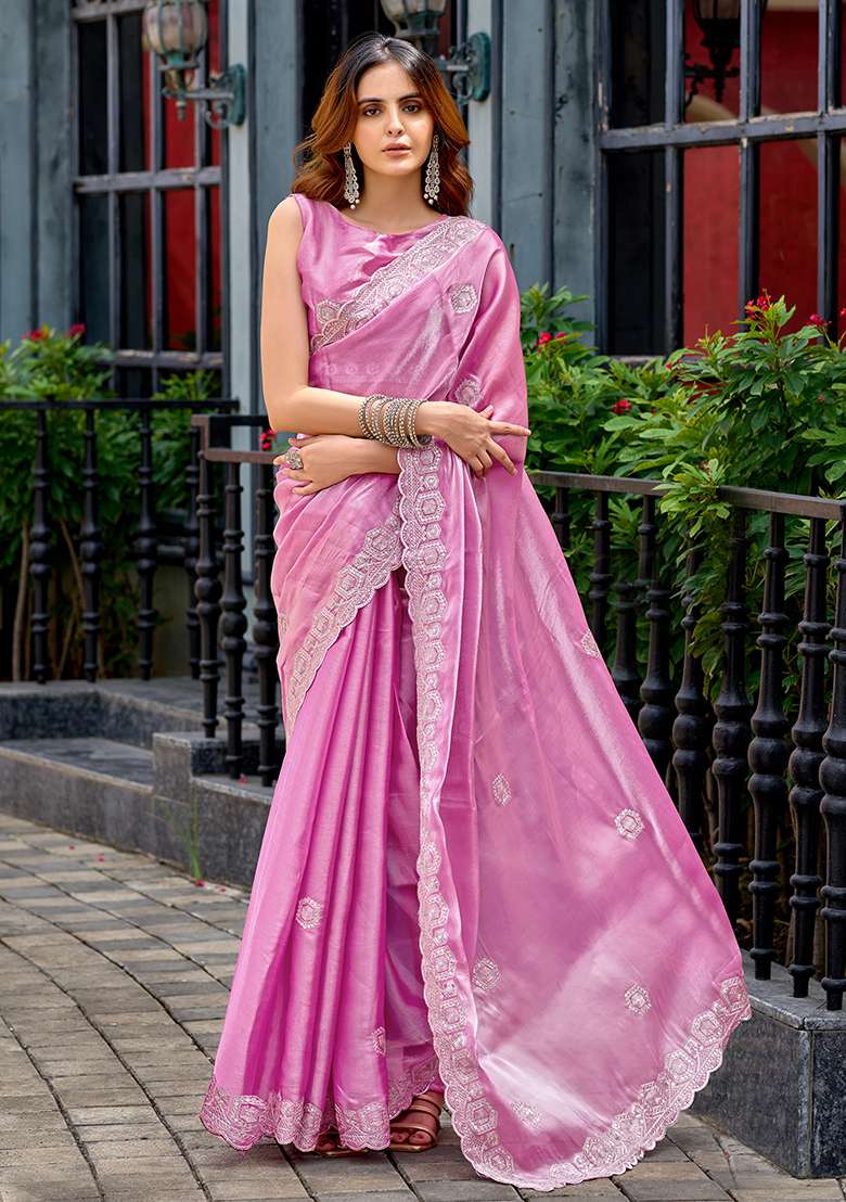 Baby Pink Shimmer Chiffon Saree Set with Embroidery for Diwali | Wedding & Festive Wear - Indya