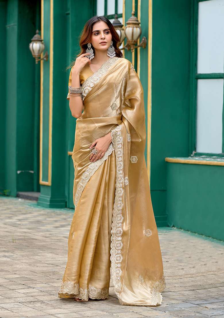 Beige Embroidery Shimmer Chiffon Saree Set for Diwali and Festive Wear - Indya