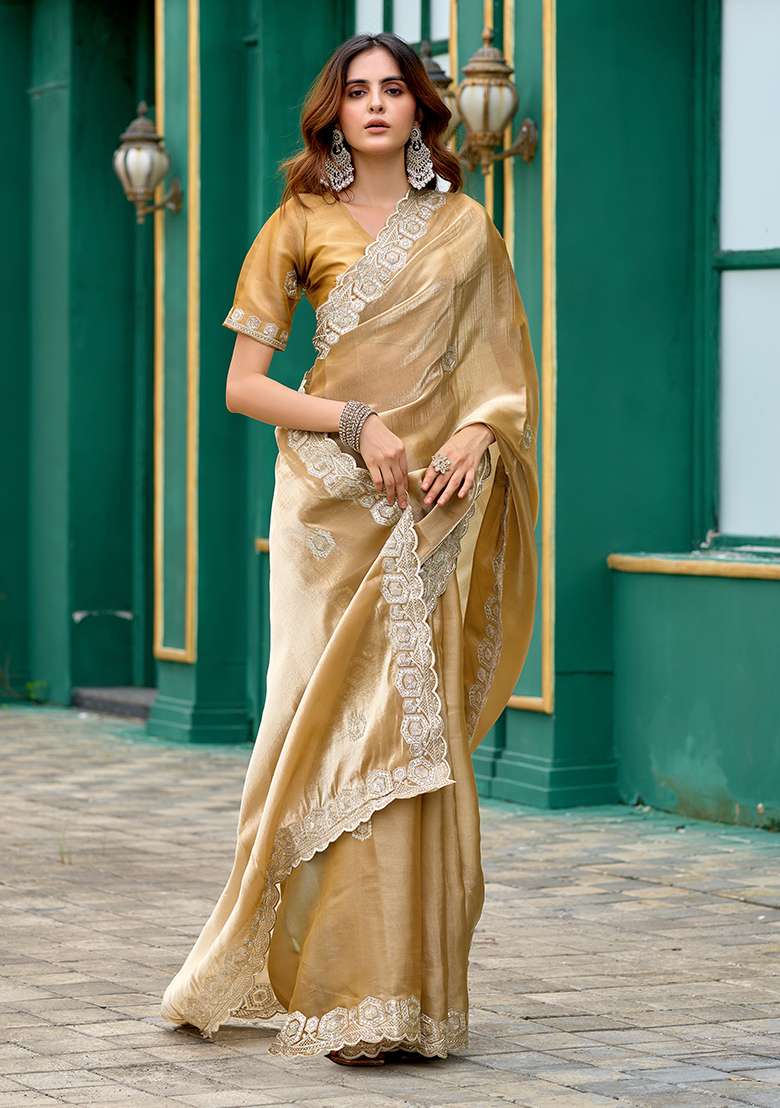 Beige Embroidery Shimmer Chiffon Saree Set for Diwali and Festive Wear - Indya