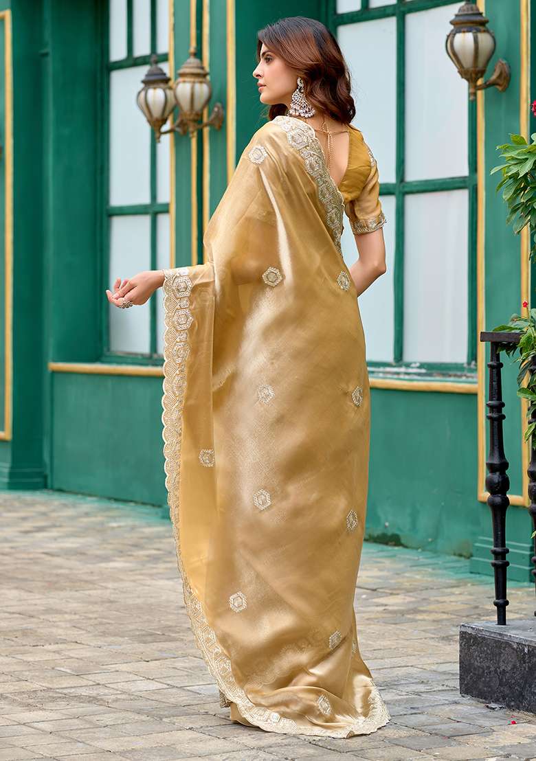 Beige Embroidery Shimmer Chiffon Saree Set for Diwali and Festive Wear - Indya