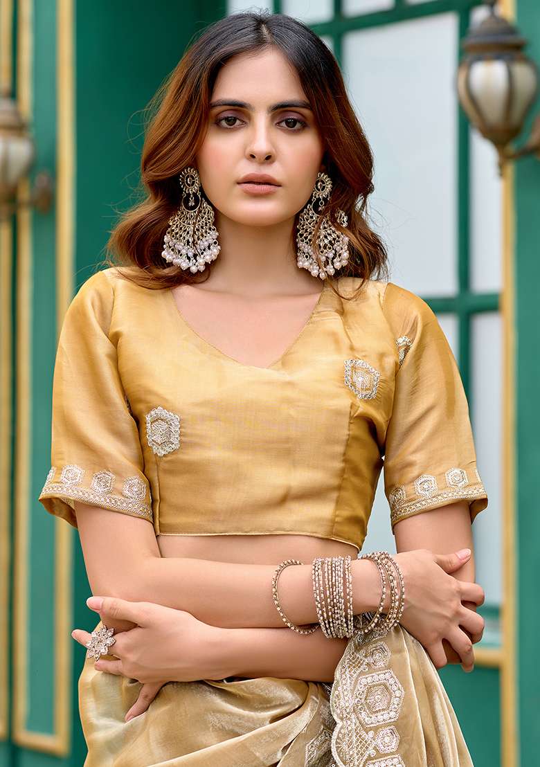 Beige Embroidery Shimmer Chiffon Saree Set for Diwali and Festive Wear - Indya