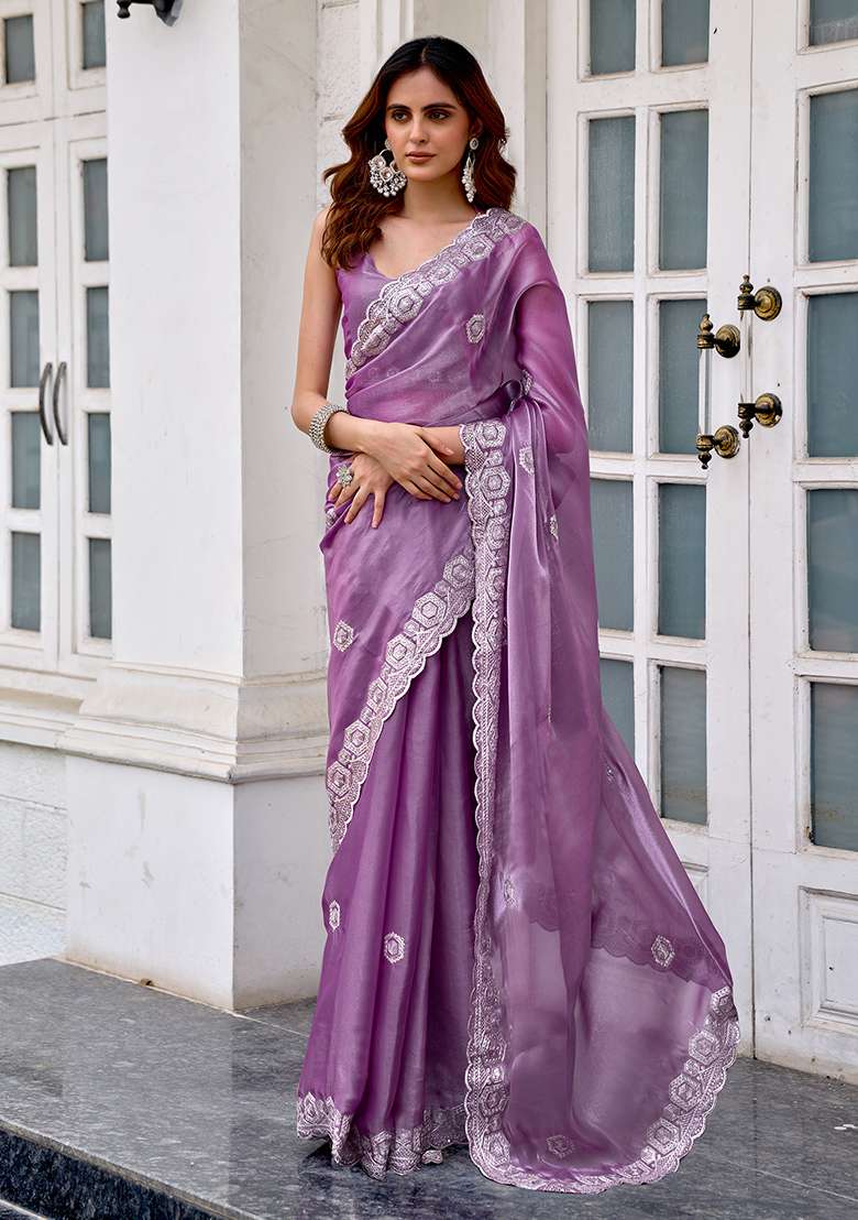 Lavender Embroidery Shimmer Chiffon Saree Set for Diwali and Festive Wear - Indya