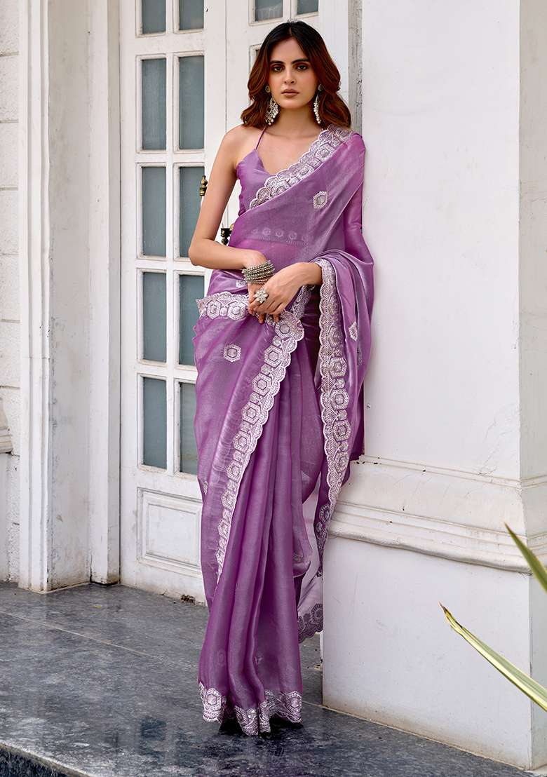 Lavender Embroidery Shimmer Chiffon Saree Set for Diwali and Festive Wear - Indya