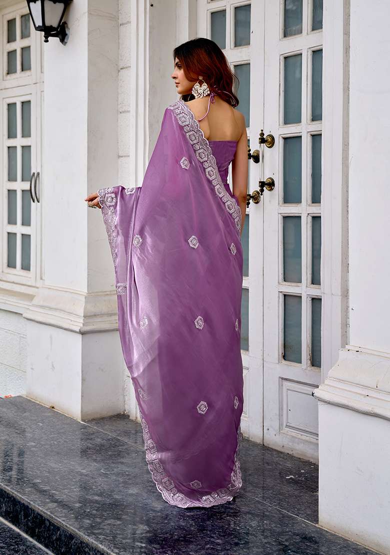 Lavender Embroidery Shimmer Chiffon Saree Set for Diwali and Festive Wear - Indya