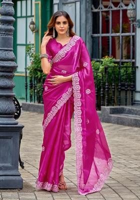 Pink Embroidery Shimmer Chiffon Saree Set