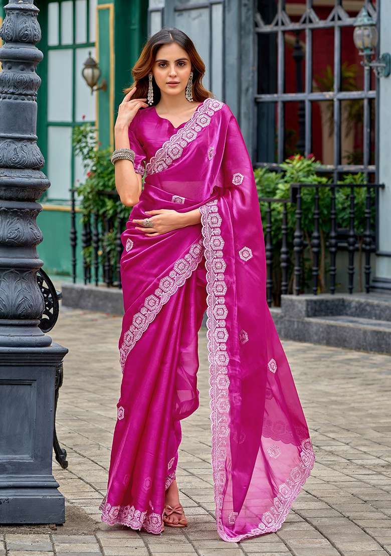 Pink Shimmer Chiffon Saree Set with Embroidery for Diwali | Wedding & Festive Wear - Indya