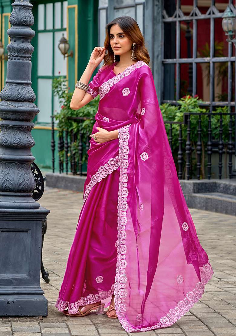 Pink Shimmer Chiffon Saree Set with Embroidery for Diwali | Wedding & Festive Wear - Indya