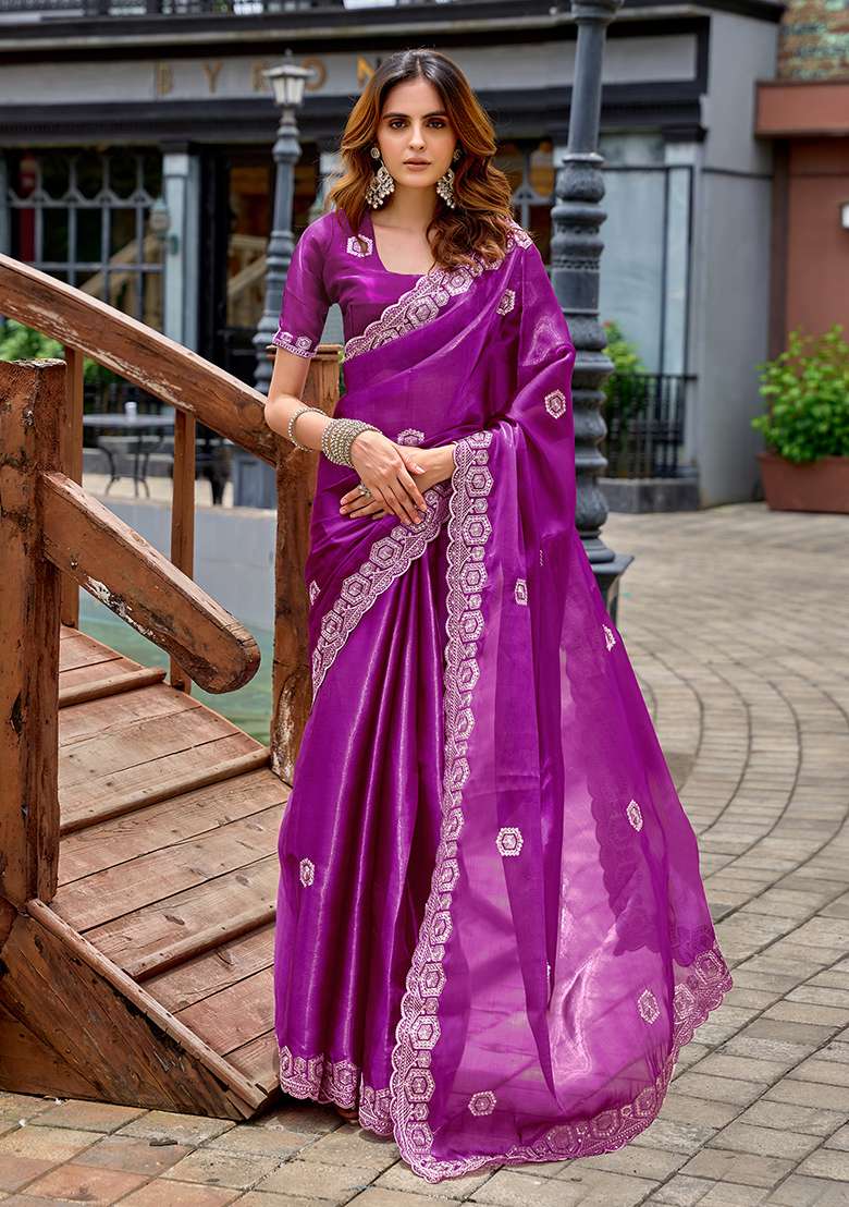 Purple Shimmer Chiffon Saree Set with Embroidery for Diwali | Wedding & Festive Wear - Indya