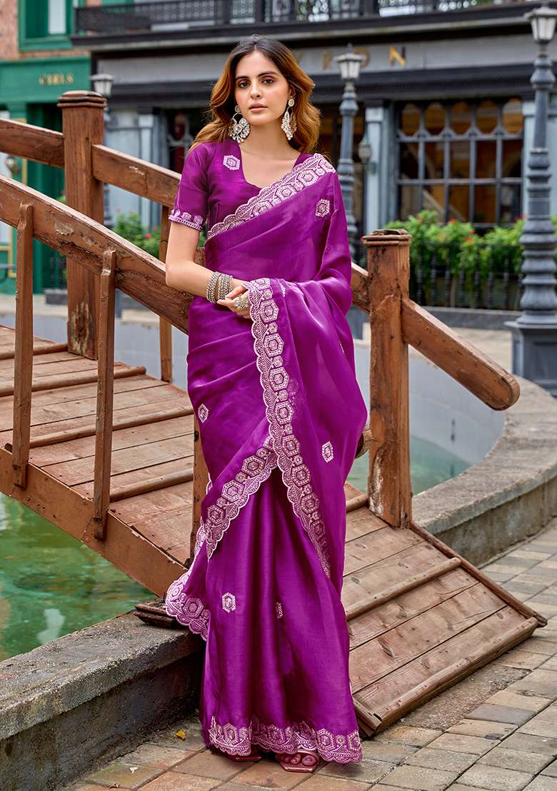 Purple Shimmer Chiffon Saree Set with Embroidery for Diwali | Wedding & Festive Wear - Indya