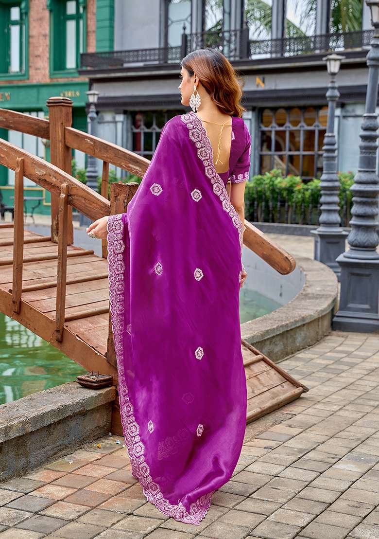 Purple Shimmer Chiffon Saree Set with Embroidery for Diwali | Wedding & Festive Wear - Indya