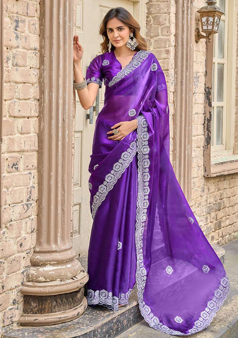 Purple Blue Embroidery Shimmer Chiffon Saree Set for Diwali and Festive Wear - Indya