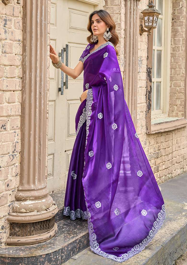 Purple Blue Embroidery Shimmer Chiffon Saree Set for Diwali and Festive Wear - Indya