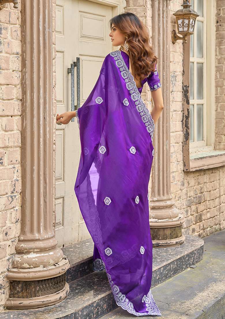Purple Blue Embroidery Shimmer Chiffon Saree Set for Diwali and Festive Wear - Indya