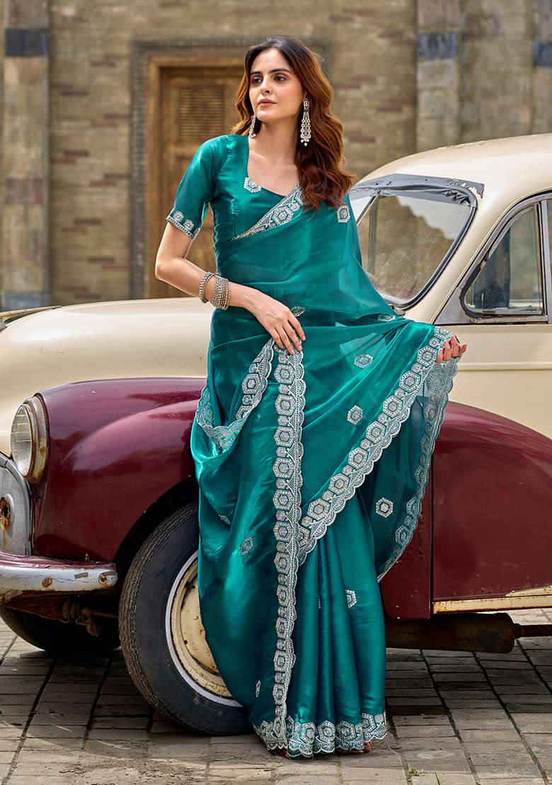 Rama Blue Embroidery Shimmer Chiffon Saree Set for Diwali and Festive Wear - Indya