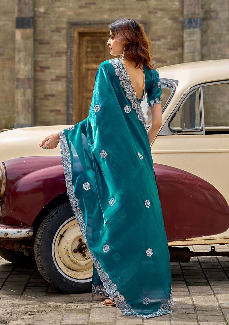 Rama Blue Embroidery Shimmer Chiffon Saree Set for Diwali and Festive Wear - Indya