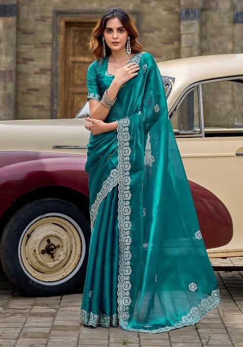 Rama Blue Embroidery Shimmer Chiffon Saree Set