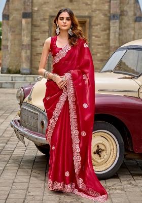 Red Embroidery Shimmer Chiffon Saree Set
