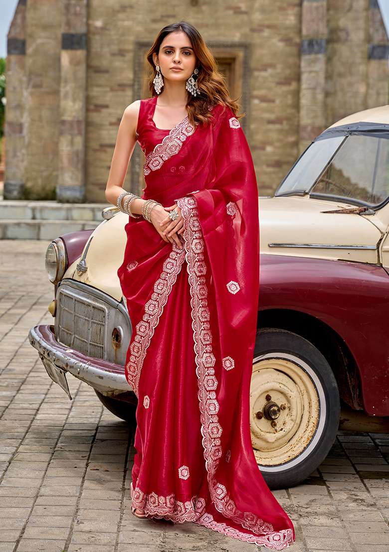 Red Shimmer Chiffon Saree Set with Embroidery for Diwali | Wedding & Festive Wear - Indya