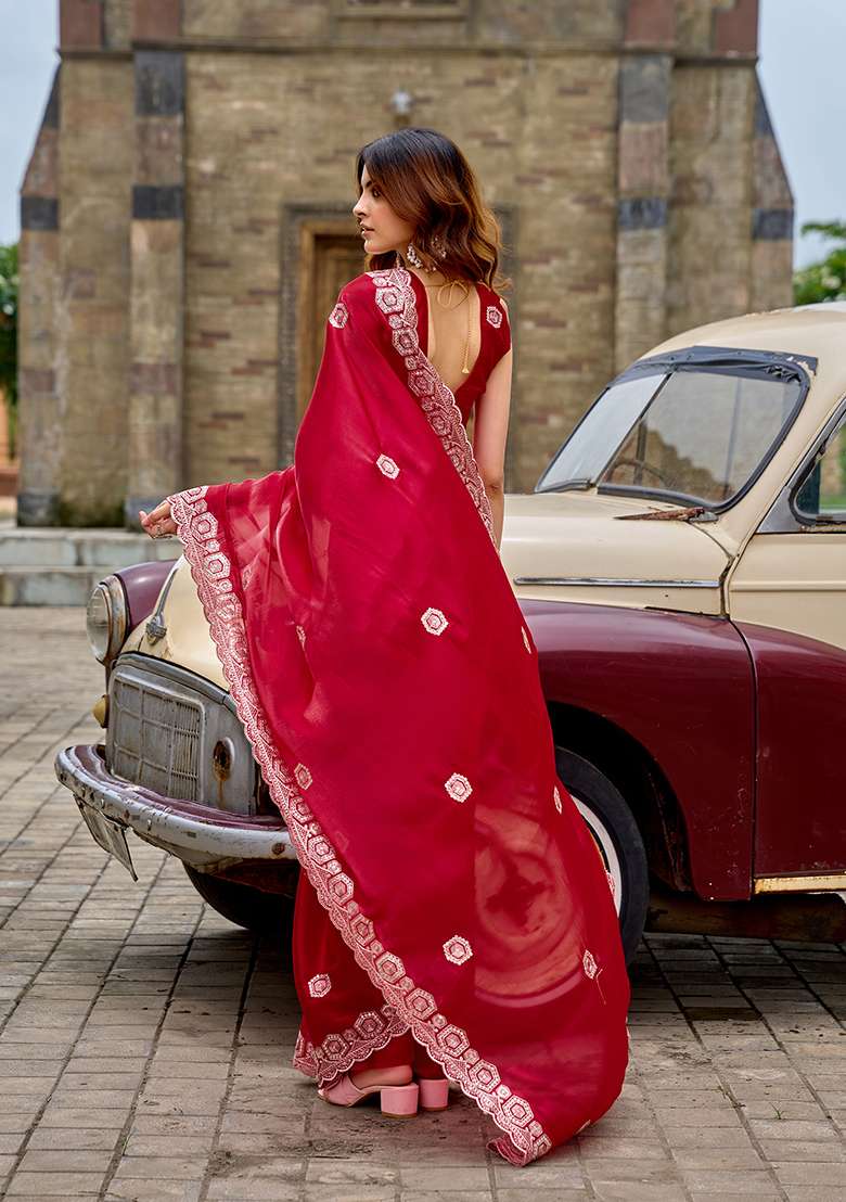 Red Shimmer Chiffon Saree Set with Embroidery for Diwali | Wedding & Festive Wear - Indya