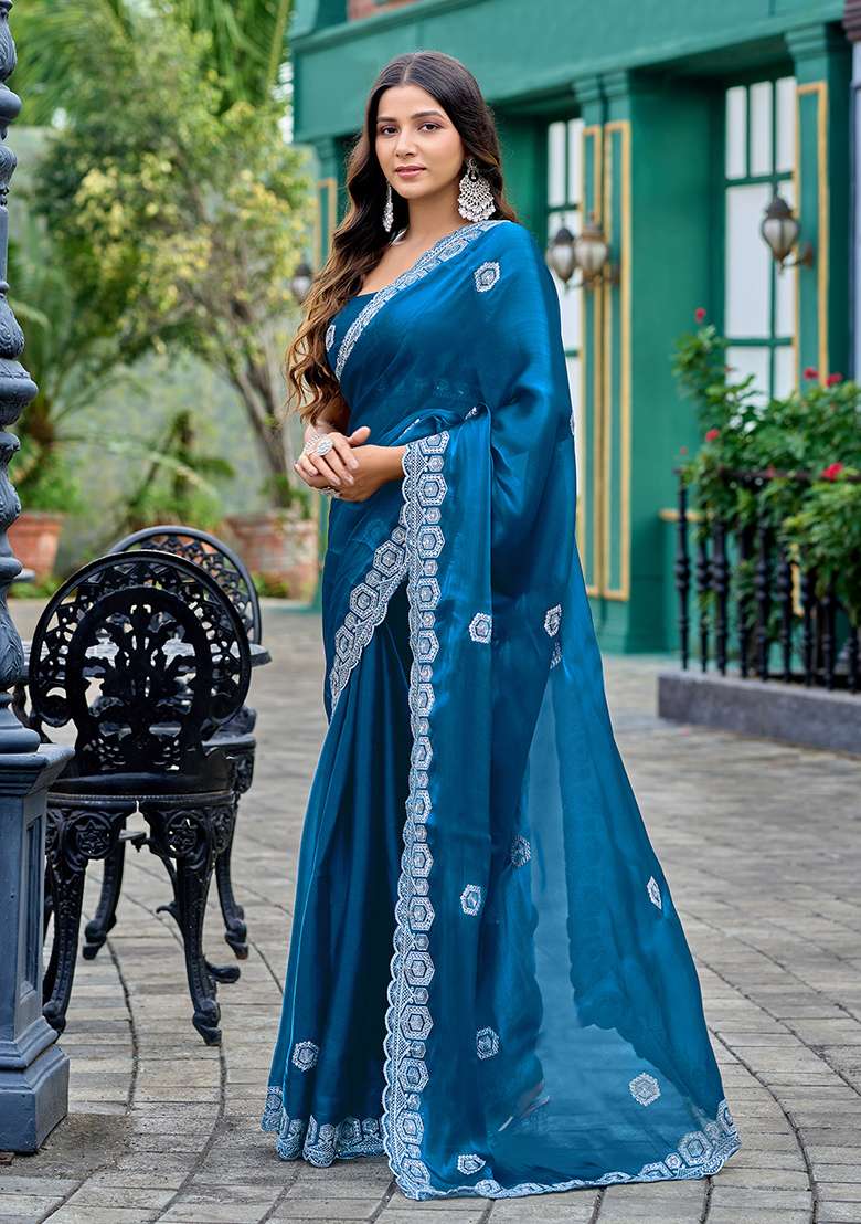 Teal Blue Shimmer Chiffon Saree Set with Embroidery for Diwali | Wedding & Festive Wear - Indya