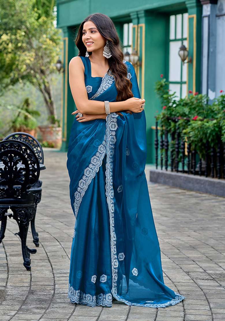 Teal Blue Shimmer Chiffon Saree Set with Embroidery for Diwali | Wedding & Festive Wear - Indya