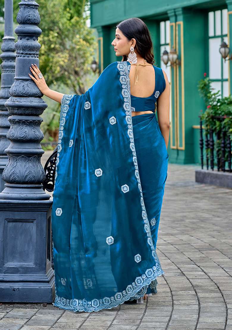 Teal Blue Shimmer Chiffon Saree Set with Embroidery for Diwali | Wedding & Festive Wear - Indya