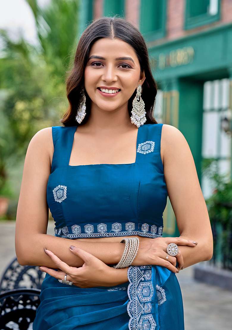 Teal Blue Shimmer Chiffon Saree Set with Embroidery for Diwali | Wedding & Festive Wear - Indya