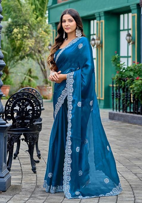 Teal Blue Embroidery Shimmer Chiffon Saree Set