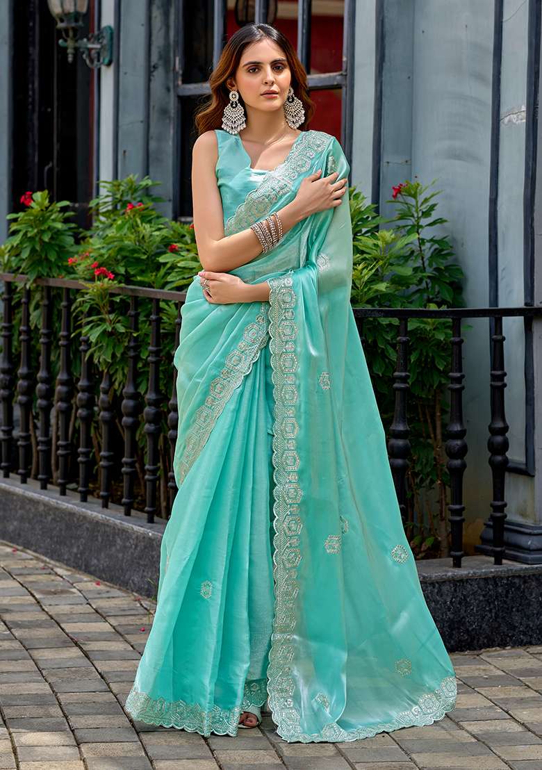 Turquoise Shimmer Chiffon Saree Set with Embroidery for Diwali | Wedding & Festive Wear - Indya