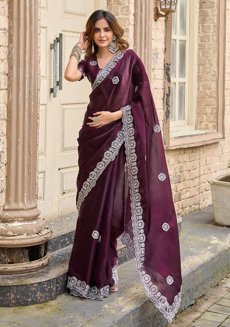 Wine Embroidery Shimmer Chiffon Saree Set for Diwali and Festive Wear - Indya