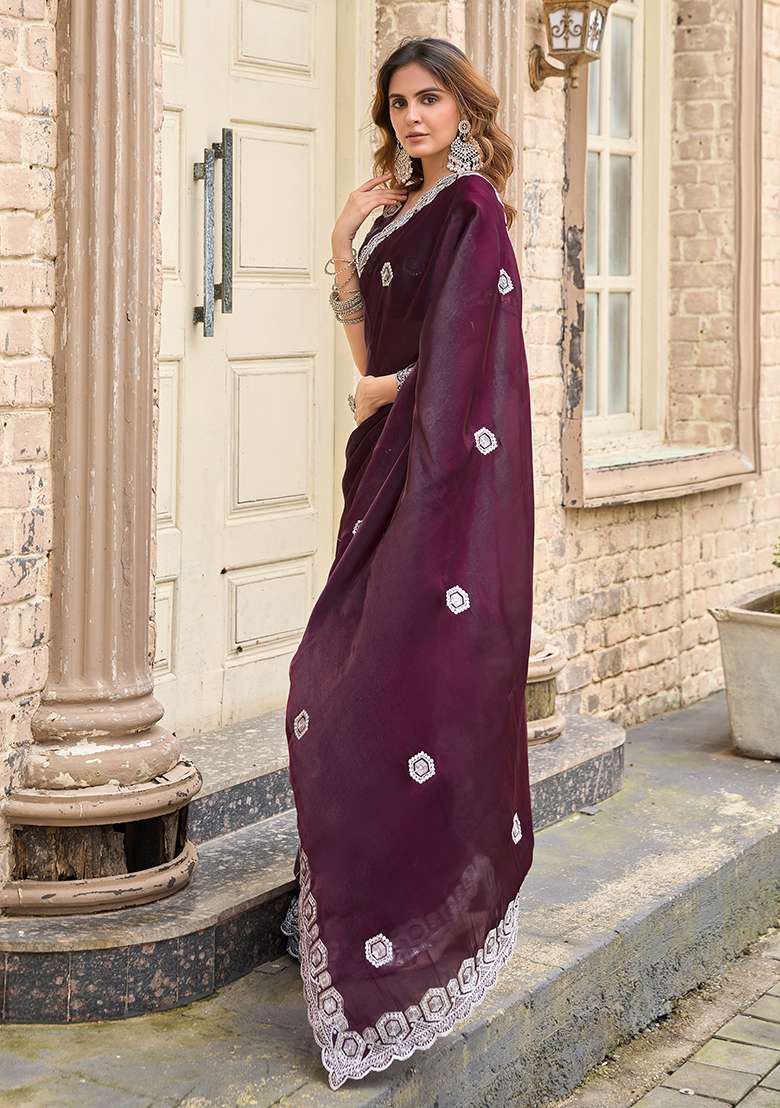 Wine Embroidery Shimmer Chiffon Saree Set for Diwali and Festive Wear - Indya