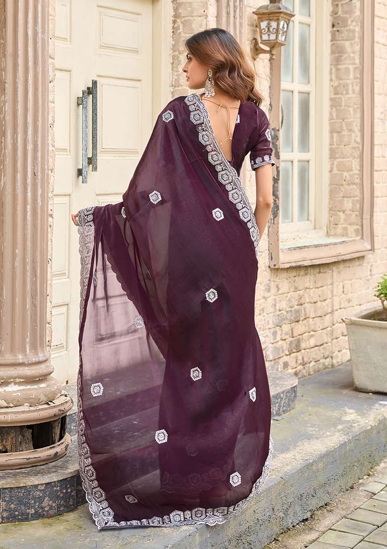 Wine Embroidery Shimmer Chiffon Saree Set for Diwali and Festive Wear - Indya