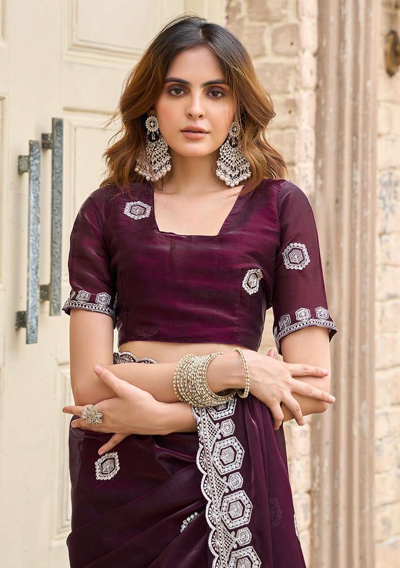 Wine Embroidery Shimmer Chiffon Saree Set for Diwali and Festive Wear - Indya