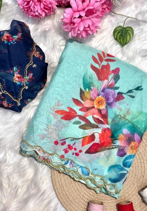 Sky Blue Floral Print Tabby Silk Saree