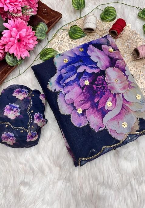 Navy Blue Floral Print Tabby Silk Saree