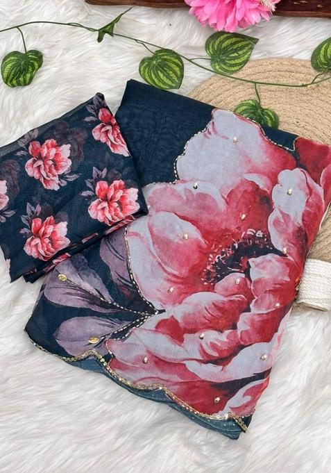 Blue Floral Print Tabby Silk Saree