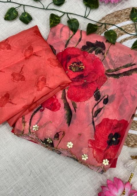 Red Floral Print Tabby Silk Saree