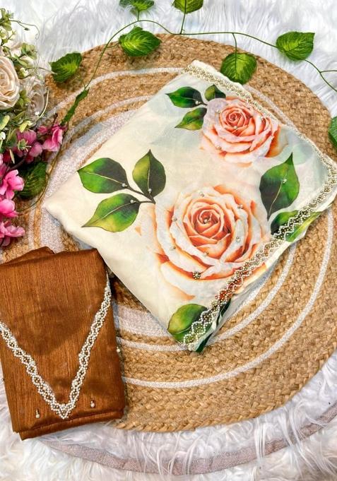 White Floral Print Tabby Silk Saree