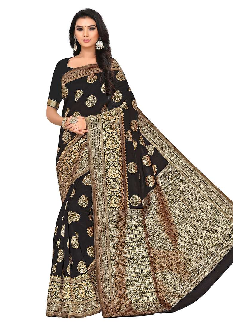 Black Motif Silk Blend Saree Set - Indya