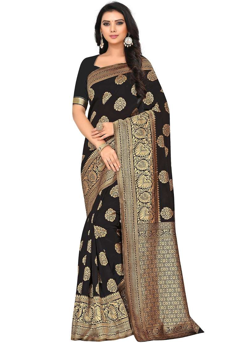 Black Motif Silk Blend Saree Set - Indya