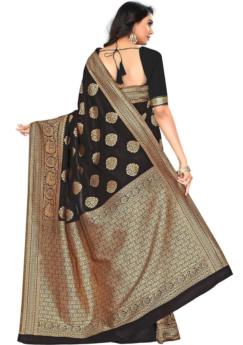 Black Motif Silk Blend Saree Set - Indya