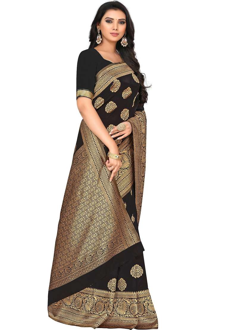 Black Motif Silk Blend Saree Set - Indya